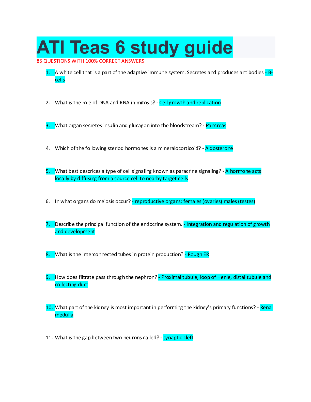 Preview image for ATI Teas 6 study guide 85 QUESTIONS WITH 100% CORRECT ANSWERS